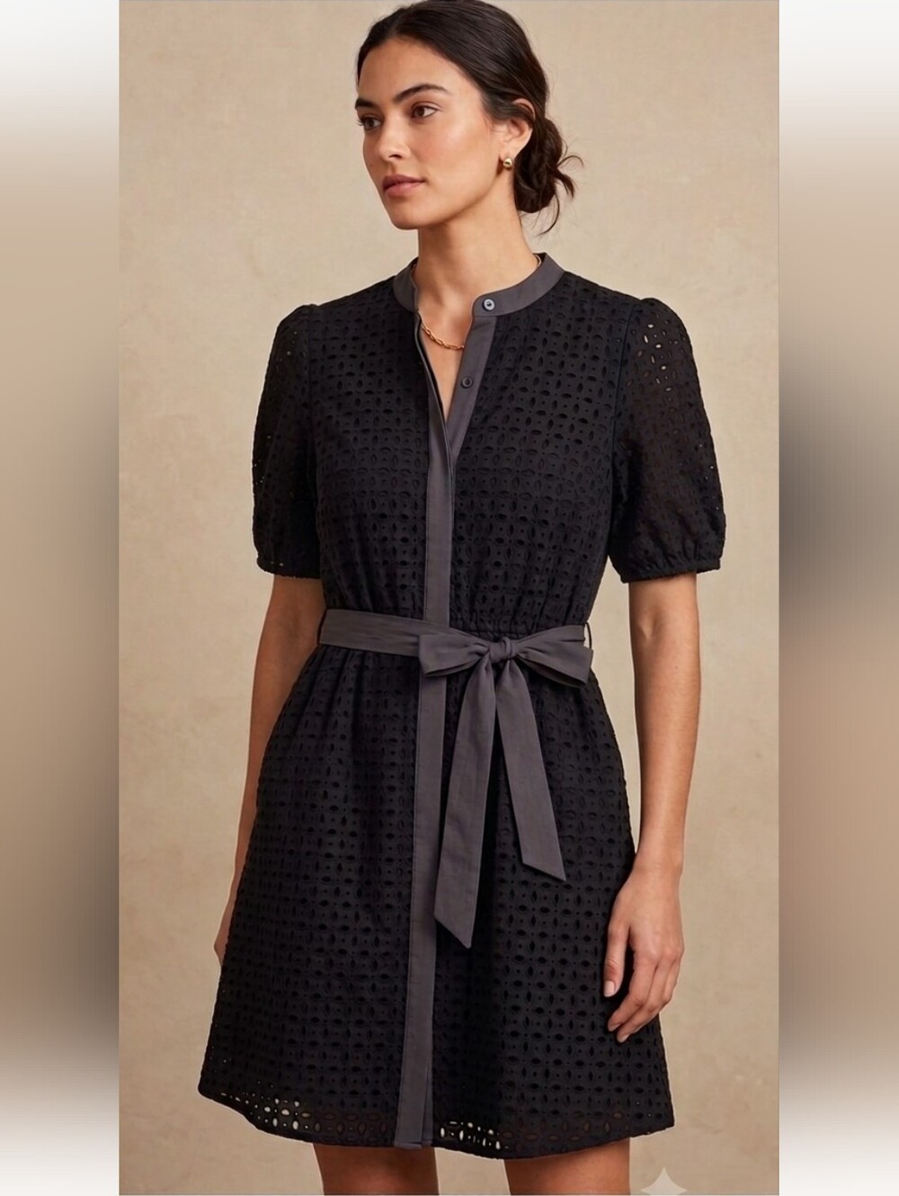 Nine West Black Eyelet Belted Mini Dress
